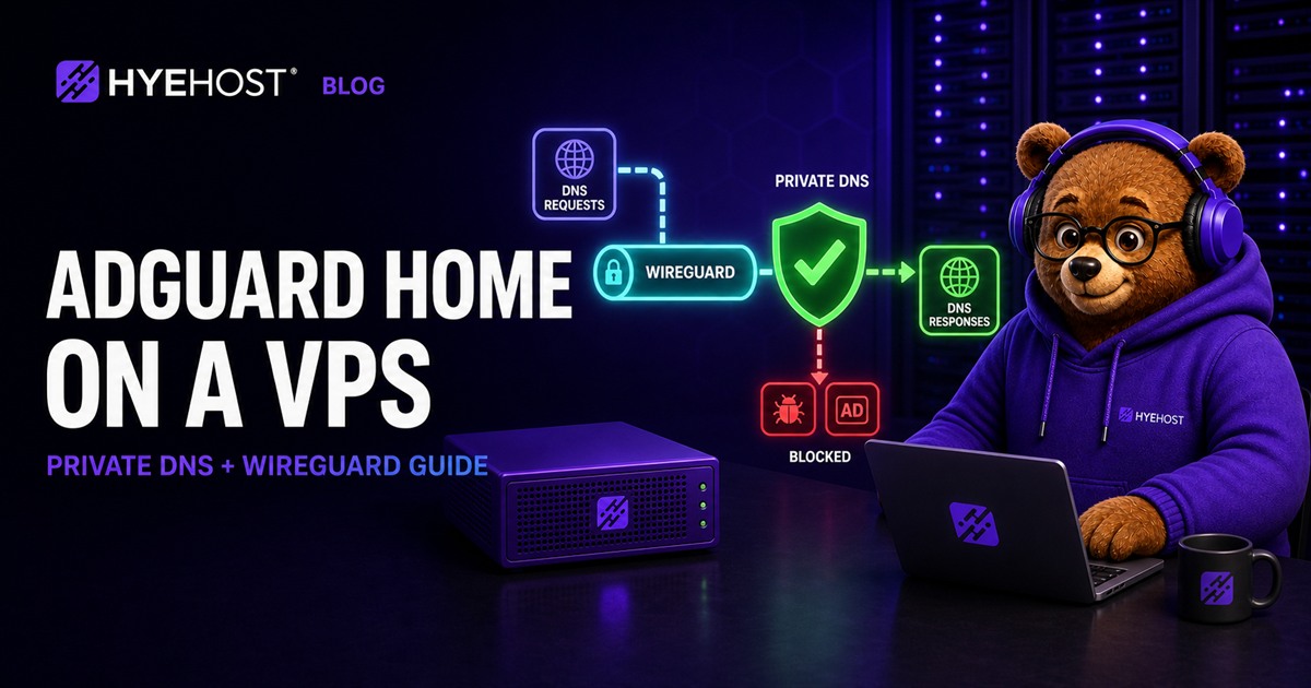 HYEHOST mascot securing AdGuard Home private DNS behind a WireGuard tunnel on a VPS